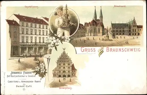 Litho Braunschweig in Niedersachsen, Altstadtmarkt, Geschäftshaus Johannes Fischer, Gewandhaus