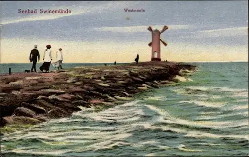 Ak Świnoujście Swinemünde Pommern, Westmole mit Windmühle