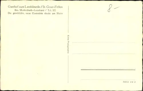 Ak Fellen Sankt Goar am Rhein, Gasthof zum Landsknecht