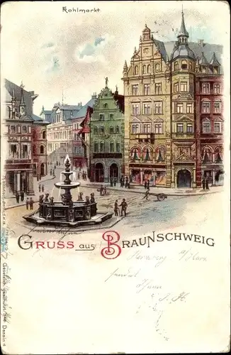 Litho Braunschweig in Niedersachsen, Kohlmarkt, Brunnen