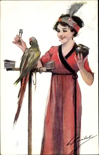 Künstler Ak Barribal, Frau füttert einen Papagei