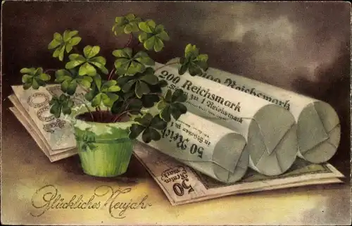 Ak Glückwunsch Neujahr, Kleeblätter, Reichsmark, Geldrollen, Geldscheine