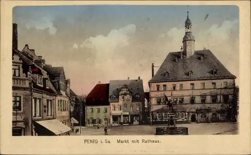 Ak Penig in Sachsen, Markt mit Rathaus, Denkmal