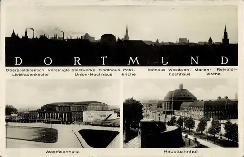 Ak Dortmund im Ruhrgebiet, Hauptbahnhof, Westfalenhalle, Stadtpanorama, Reinoldikirche