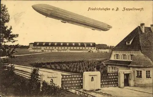 Ak Friedrichshafen am Bodensee, Blick zur Zeppelinwerft, Luftschiff