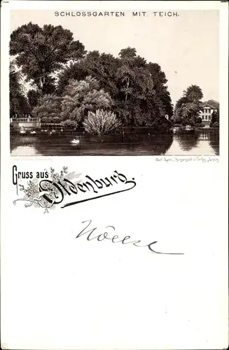 Litho Oldenburg im Großherzogtum Oldenburg, Schlossgarten, Teich