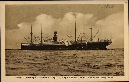 Ak Passagierdampfer Tirpitz, Postdampfer, Hugo Stinnes Linie