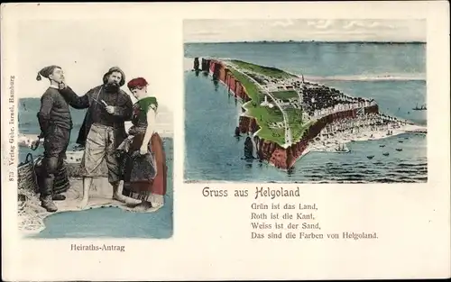 Ak Nordseeinsel Helgoland, Gesamtansicht der Insel, Heiratsantrag, Trachten