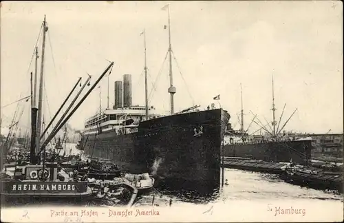 Ak HAPAG Dampfer Amerika, Passagierschiff im Hamburger Hafen