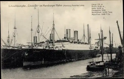Ak Dampfschiff Cincinnati, Schnelldampfer, Hamburg Amerika Linie, HAPAG, Hamburger Hafen