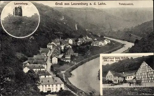 Ak Laurenburg an der Lahn, Gesamtansicht, Gasthaus zum Schiff, Inh. Ad. Wolf, Burgruine