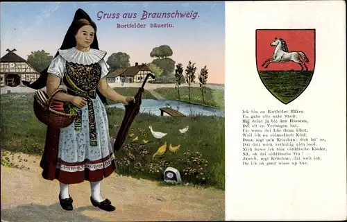 Ak Braunschweig, Wendeburg, Bortfelder Bäuerin in Tracht, Wappen, Ick bin en Bortfelder Mäken