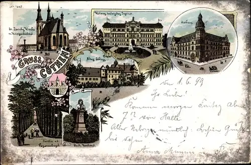 Litho Cöthen Köthen in Anhalt, Bach Denkmal, Rathaus, St. Jacob Kirche, Fasanenbusch, Institut