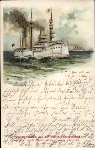 Künstler Litho Deutsches Kriegsschiff, SMS Deutschland, Linienschiff SMS Gefion, kleiner Kreuzer