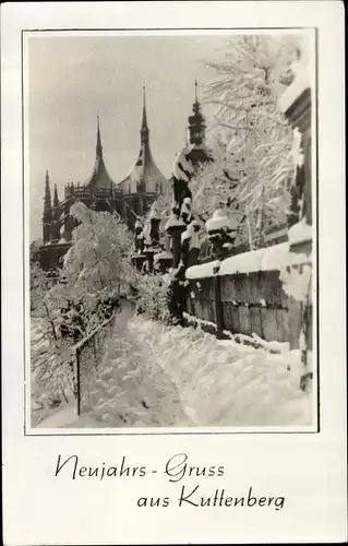 Ak Kutná Hora Kuttenberg Mittelböhmen, Glückwunsch Neujahr, Teilansicht im Winter