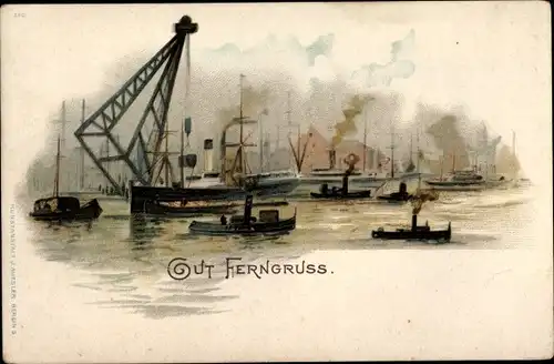 Künstler Litho Heide, A., Hamburg Altstadt, Hafen mit großem Kran, Boote