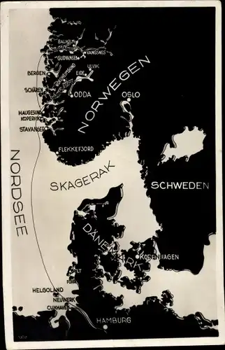 Landkarten Ak Reiseweg in den Hardanger und Sognefjord Norwegens, Schweden, Dänemark