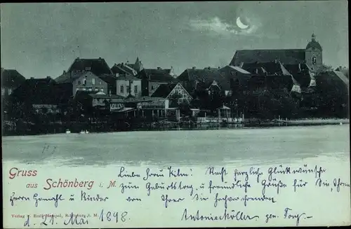 Mondschein Ak Schönberg in Mecklenburg, Ortsansicht, Kirche