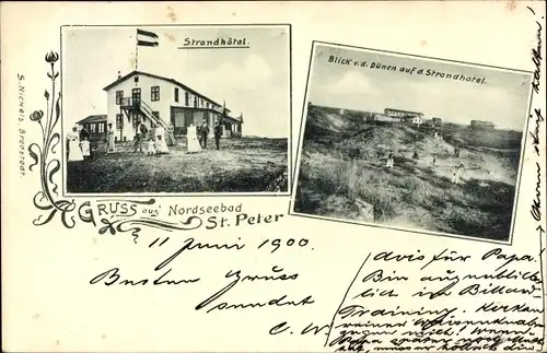 Ak Sankt Peter Ording in Nordfriesland, Gäste vor dem Strandhotel, Blick aus den Dünen