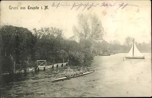 Ak Teupitz in der Mark, Ruderboot, Segelboot