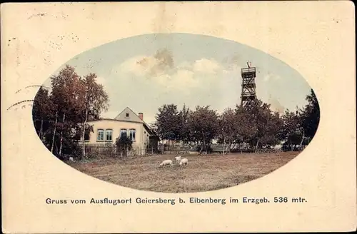 Präge Passepartout Ak Geiersberg Burkhardtsdorf im Erzgebirge, Aussichtsturm, Ziegen, Haus