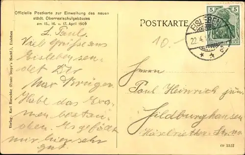 Ak Lutherstadt Eisleben, Städtische Oberrealschule, Erker, Haupteingang, Einweihung 1909