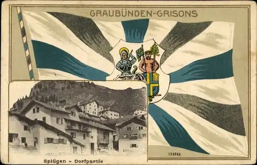 Präge Wappen Passepartout Ak Splügen Kt. Graubünden Schweiz, Dorfpartie, Flagge