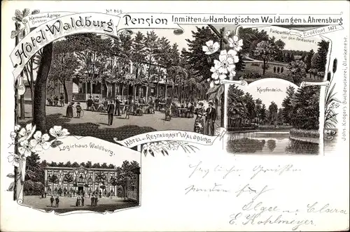 Litho Ahrensburg in Holstein, Hôtel Waldburg, Logierhaus, Park, Karpfenteich