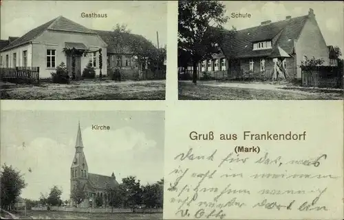 Ak Frankendorf in der Mark Ruppiner Land, Gasthaus, Schule, Kirche