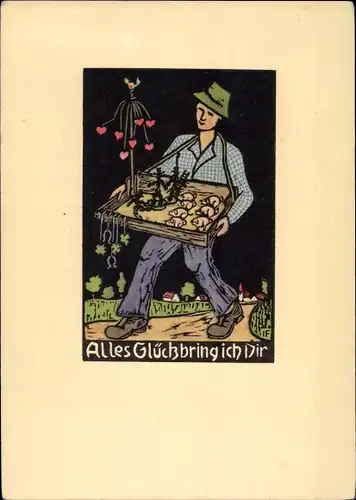 Künstler Ak Freude, Alles Glück bring ich Dirm, Mann mit Glücksbringern, Schweine, Herzen,Bauchladen