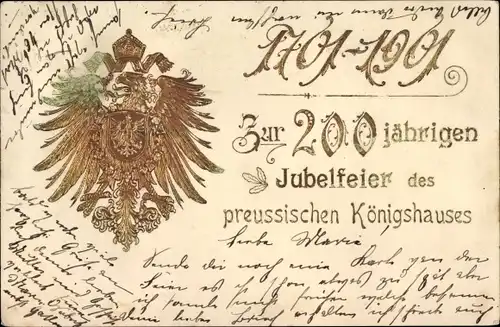 Präge Wappen Ak Zur 200 jährigen Jubelfeier des preußischen Königshauses, 1701-1901