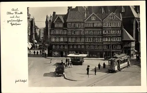 Ak Kiel, Alter Markt, persianische Häuser, Eckardt Samenhandlung, Straßenbahn