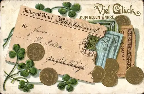 Präge Ak Glückwunsch Neujahr, Geldscheine, Münzen, Kleeblätter