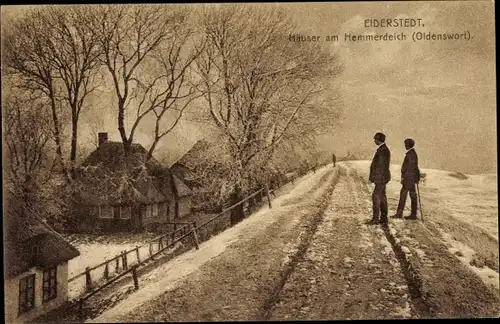 Ak Oldenswort Halbinsel Eiderstedt in Nordfriesland, Häuser am Hemmerdeich, Winter