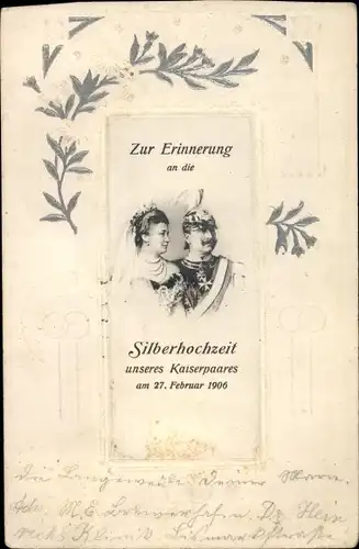 Präge Ak Kaiser Wilhelm II. mit Auguste Viktoria, Silberhochzeit 27. Februar 1906