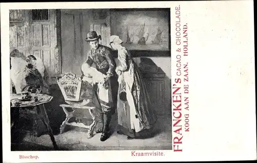 Künstler Ak Bisschop, Kraamvisite, Reklame, Francken's Cacao, Trachten Niederlande