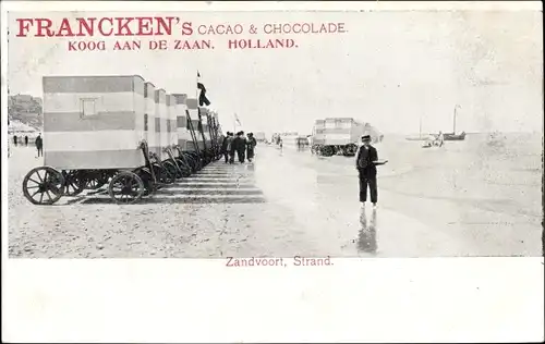 Ak Zandvoort an Zee Nordholland, Strandpartie, Badewagen, Reklame, Francken's Cacao
