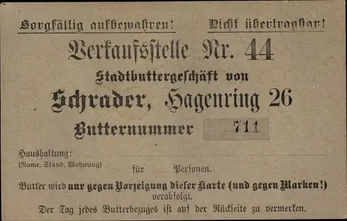 Ak Braunschweig in Niedersachsen ?, Stadtbuttergeschäft Schrader, Hagenring 26, Butterkarte