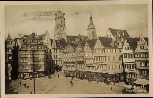 Ak Stuttgart in Baden Württemberg, Marktplatz, Geschäfte, Kirchturm