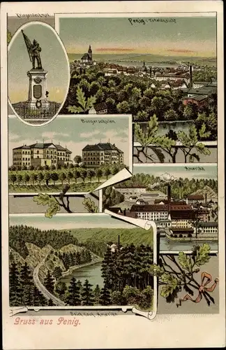 Litho Penig in Sachsen, Amerika, Bürgerschule, Kriegerdenkmal, Totalansicht