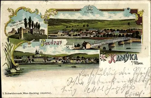 Litho Kamýk nad Vltavou Kamaik Mittelböhmen, Gesamtansicht, Brücke