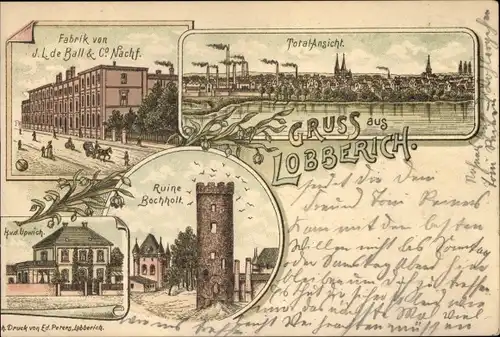 Litho Lobberich Nettetal am Niederrhein, Fabrik, Gesamtansicht, K. v. d. Upwich, Ruine Bochholt