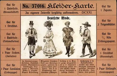 Ak Deutsche Mode, Kleiderkarte, Bezugsschein Feigenblätter, Zeitungspapier, Badehose Nationalfarben