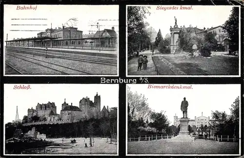 Ak Bernburg an der Saale, Bahnhof, Siegesdenkmal, Schloss, Bismarckdenkmal