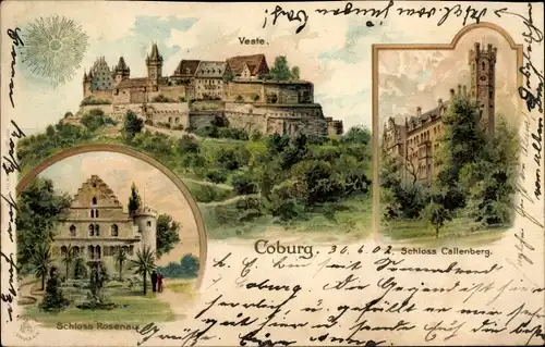 Litho Coburg in Oberfranken, Veste, Schloss Callenberg, Schloss Rosenau