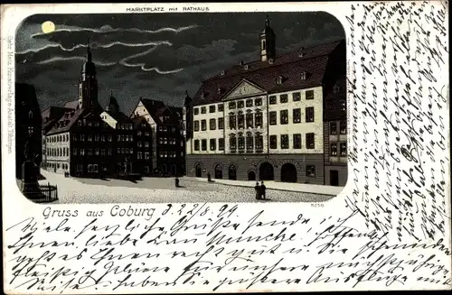 Mondschein Litho Coburg in Oberfranken, Marktplatz und Rathaus, Nacht
