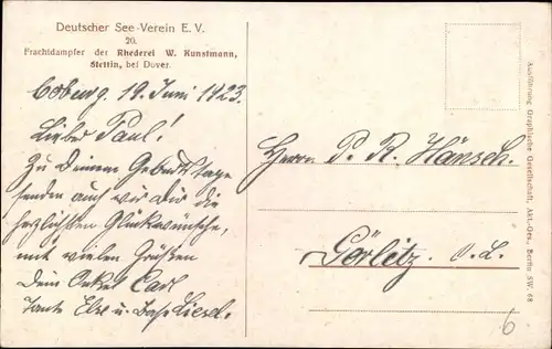 Künstler Ak Deutscher See-Verein eV, Frachtdampfer, Reederei W. Kunstmann, Stettin