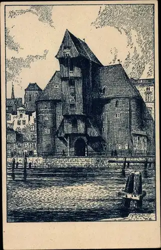 Künstler Ak Lenz, W., Gdańsk Danzig, Blick übers Wasser auf das Krantor