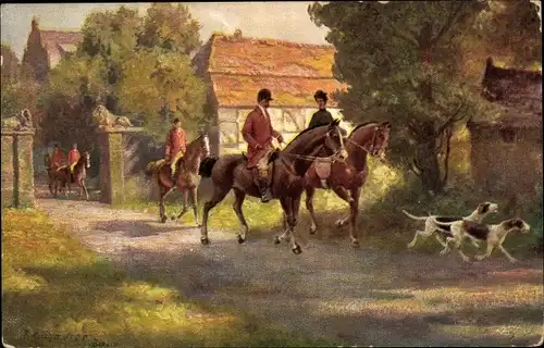 Künstler Ak Vor der Jagd, Jagdhunde, Menschen zu Pferden
