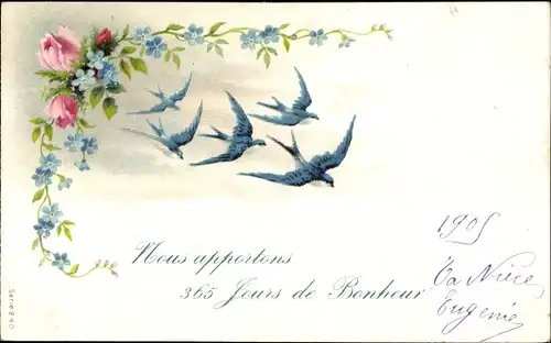 Litho Kitsch, Schwalben, Rosen, Vergissmeinnichtblüten